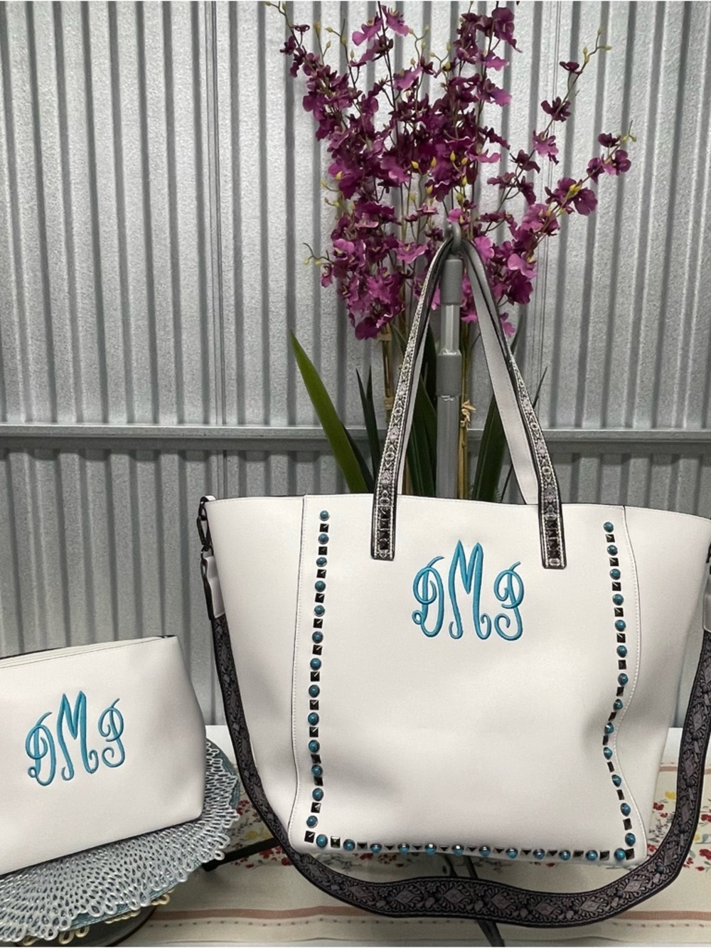 Monogram Tote Bag Set DMP Studded Shoulder Purse w Matching Pouch